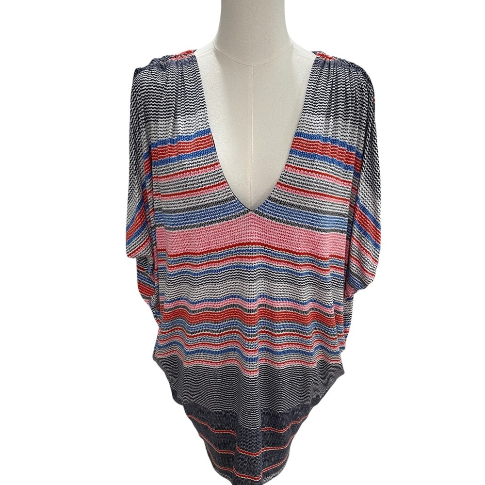 Multicolor Knit V Neck Tunic Top Boho Coastal Resort Vacation Striped Festival S - Picture 6 of 12